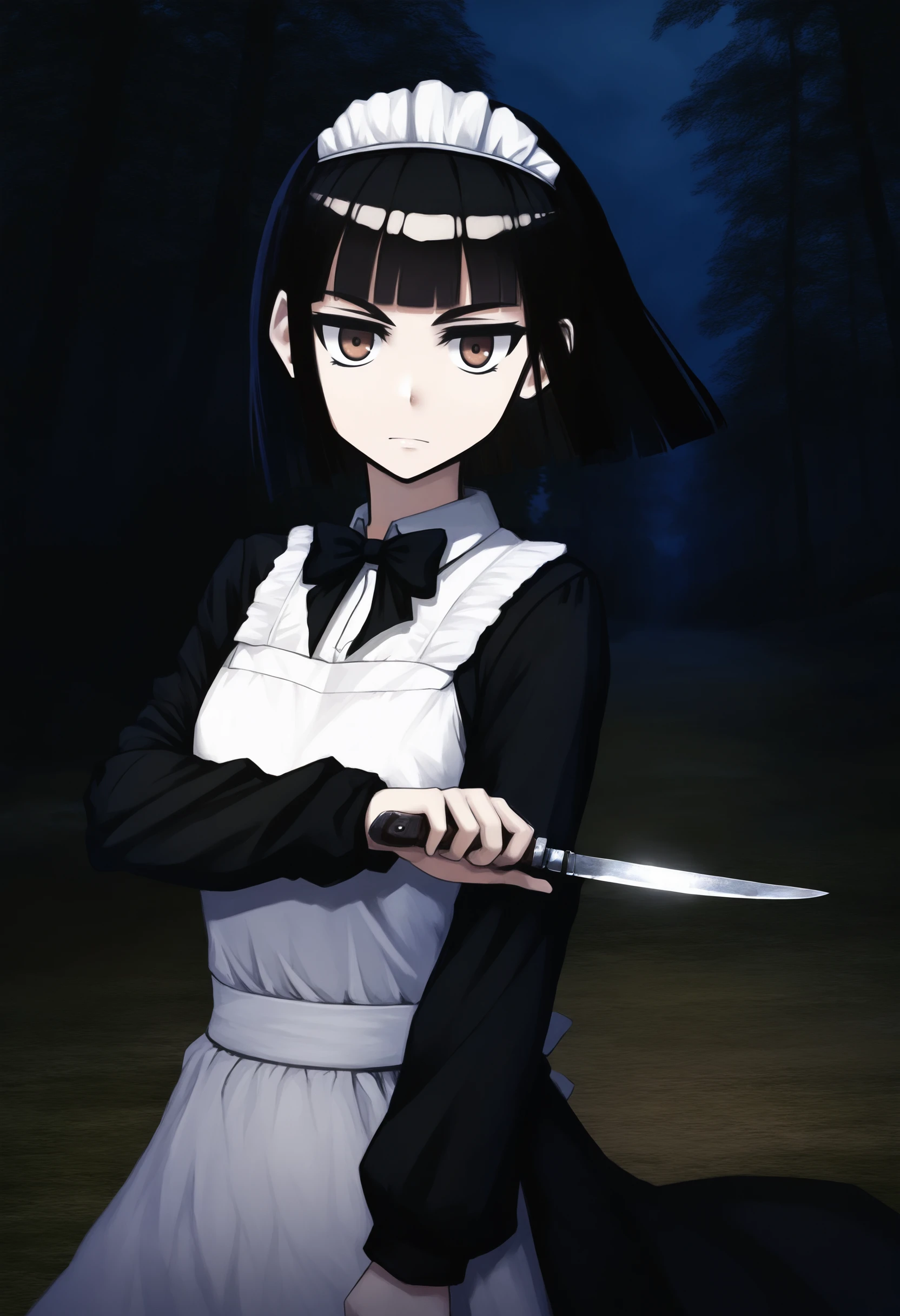 masterpiece, best quality, 1girl, solo,  Abbey, black hair, bob cut, blunt bangs, brown eyes, maid headdress,  white apron, black dress, black bowtie , black sleeves, holding knife, forest, night,   <lora:Abbey IXL 4-000013:1>