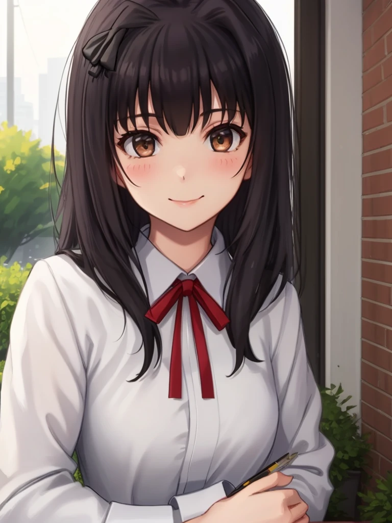 ((masterpiece)),(best quality),official art,extremely delicate and beautiful,extremely detailed CG,unity 8k wallpaper,ultra detailed,beautiful detailed eyes,extremely detailed face,outdoors,1girl,solo,upper body,(portrait:1.5),looking at viewer,facing viewer,smile,blush,Amemiya Hatsune,long hair,black hair,hairband,hair ribbon,hair bow,black bow,sidelocks,bangs,brown eyes,school uniform,neck ribbon,red ribbon,white shirt,collared shirt,long sleeves,medium breasts,black skirt,pencil skirt,white socks,loafers,<lora:Amemiya Hatsune(ks)>,