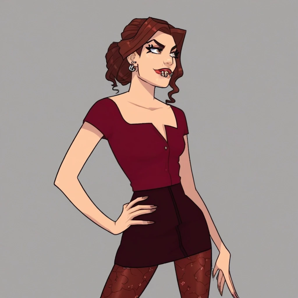 grey background, red lips, hand on hip, brown hair, lip piercing, piercing, pantyhose, earrings, jewelry