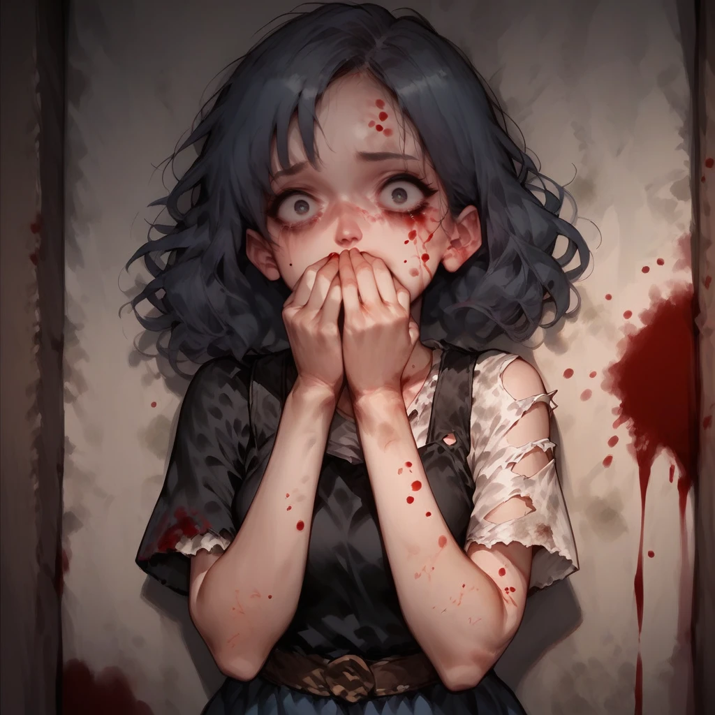 score_9, score_8_up, score_7_up,  <lora:Unsettling_Pony:1>, unsettling, dirty, grimy, 1girl, torn clothing, bloodstains, dirty wall, terrified expression, scared expression, wide eyes, small pupils, black pupils, hands covering mouth