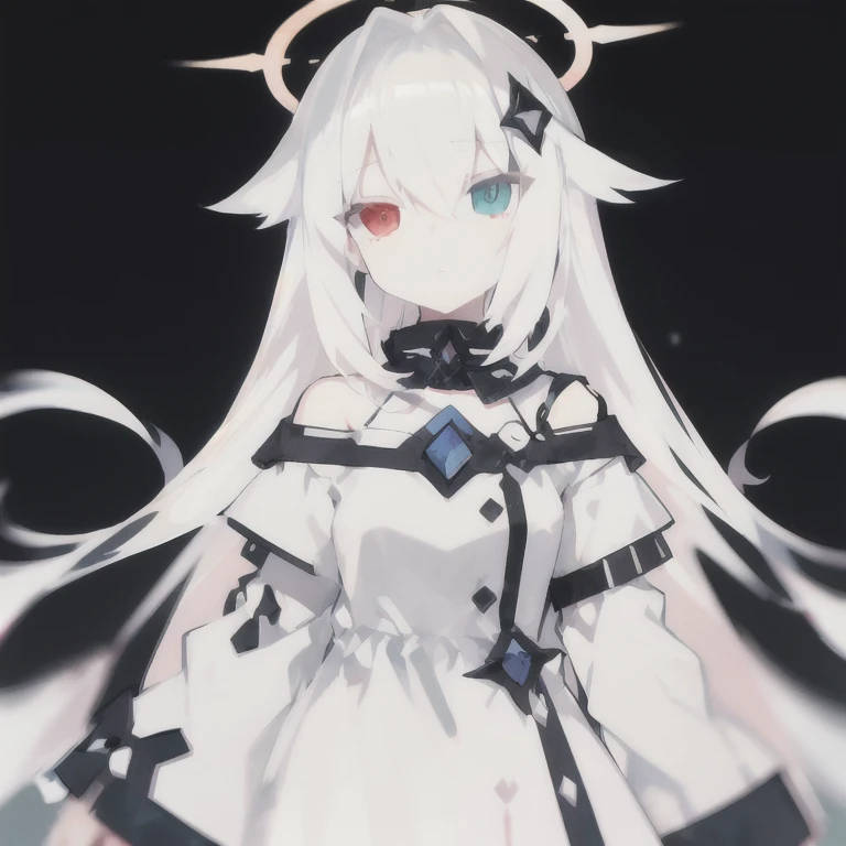 <lora:ciel_20241019074507:1>,ciel,1girl,white hair,long hair,heterochromatic,white dress,hair ornament,hair flaps,halo, long sleeves