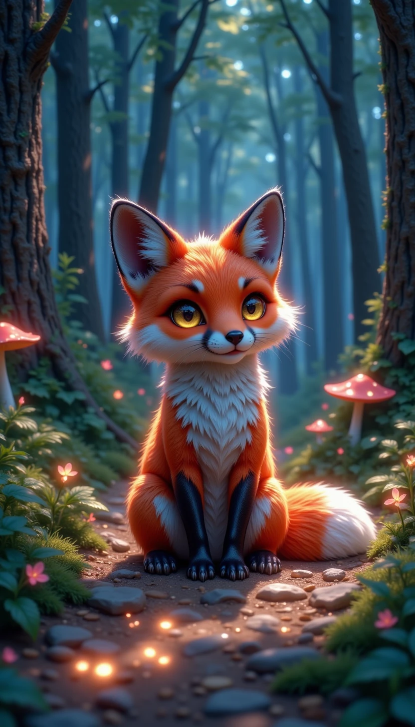 pinkenchantedmj,A cute red fox with golden eyes sits on a glowing pathway through a magical forest, with mushrooms that emit a faint blue light and trees that look as if they are whispering secrets to each other.