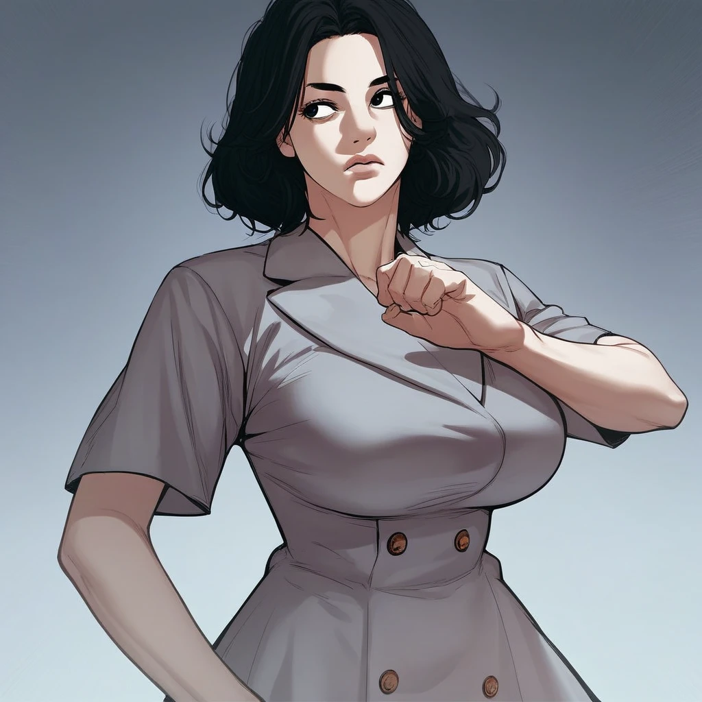 score_9, score_8_up, score_7_up, score_6_up, high res, high quality, good proportions, good anatomy, dynamic pose, 1girl, solo, yeonwookim, black hair, short hair, mature female, large breasts, black eyes, gray dress, buttons, short sleeves, looking away, parted lips, upper body