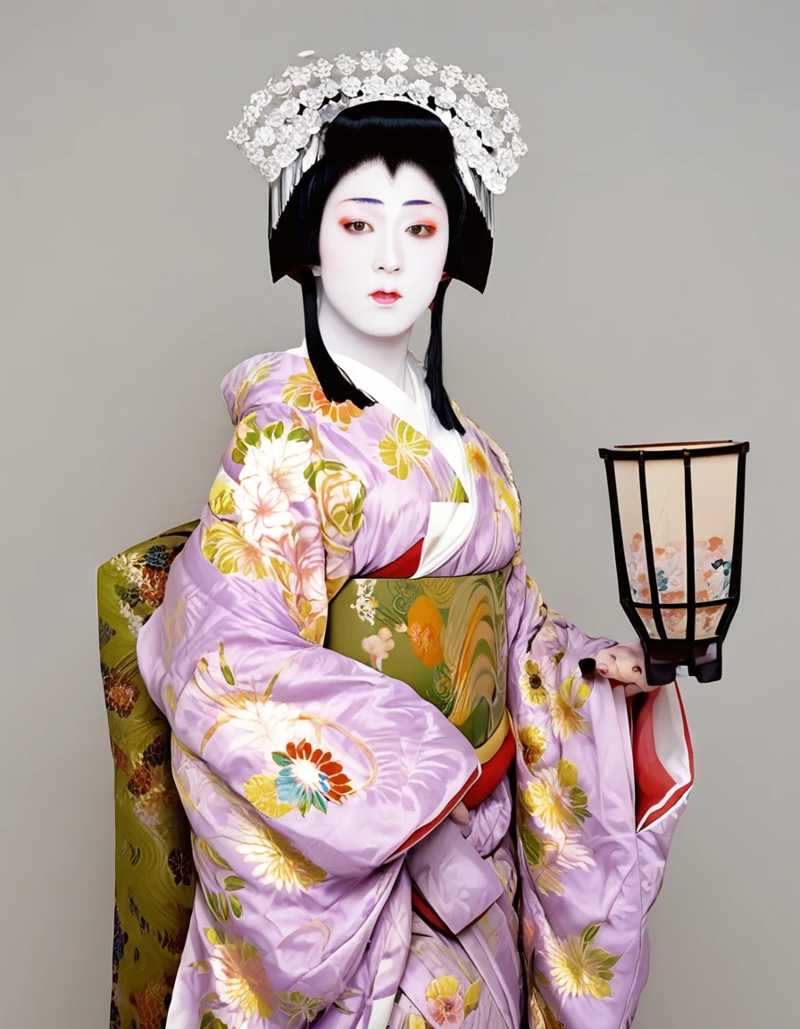 score_9, score_8_up, score_7_up, source_real, realistic, photorealistic, BREAK,  <lora:detailed_notrigger:1>
 <lora:BDpony_Onnagata_V1-5291:1>, 
Onnagata, kabuki, japanese clothes, kimono, pale skin, black hair, sash, lantern, hair ornament, obi, makeup, looking at viewer, floral print,, brown eyes, simple background