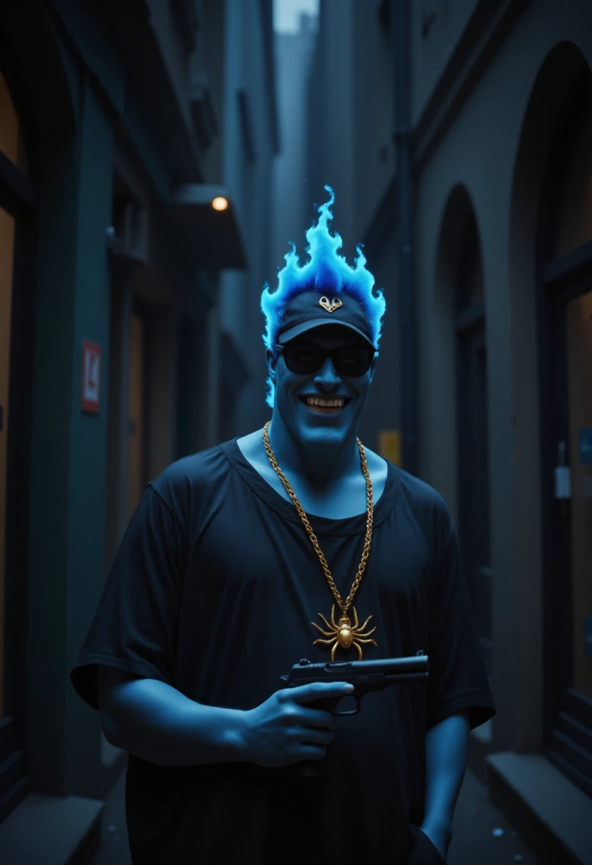 <lora:Hades_Disneys_Hercules_FLUX:0.7>
Photograph of slightly chubby male Hades with blue flame hair and blue skin, with a huge smile, holding a gun and wearing a black baseball cap, sunglasses and gold chain with a golden spider in a dark alley.