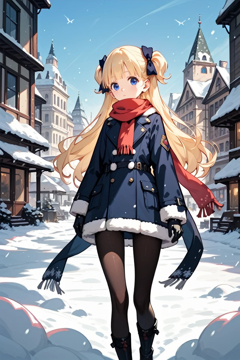 score_9, score_8_up, score_7_up, score_6_up
<lora:AEmilico:0.8>
AEmilico, 1girl, blonde hair, blue eyes, hair bow, blunt bangs, two side up, long hair, looking at viewer, winter clothes, scarf, gloves, black pantyhose, snow, outdoors, city, standing, cowboy shot