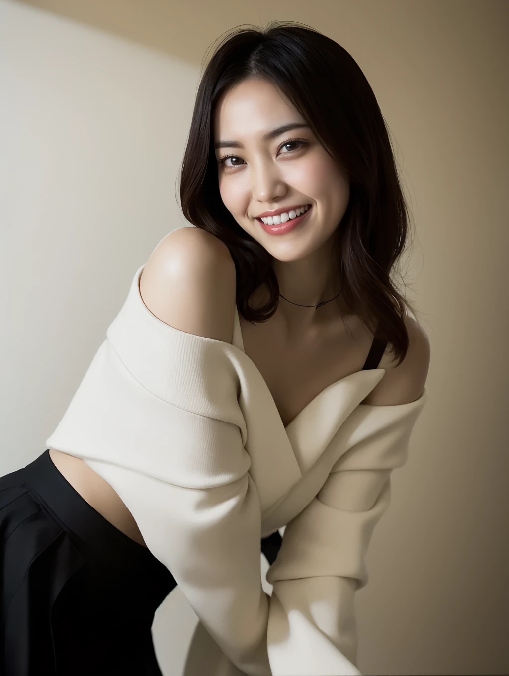 1girl,(wearing a pleated skirt, open shoulders),(RAW photo, best quality), (realistic, photo-realistic:1.4), masterpiece, an extremely delicate and beautiful, extremely detailed, 2k wallpaper, Amazing, finely detail, extremely detailed CG unity 8k wallpaper, ultra-detailed, highres, soft light, beautiful detailed girl, extremely detailed eyes and face, beautiful detailed nose, beautiful detailed eyes,cinematic lighting, ((crumpled smile)),<lora:maturi_v1:1.1>