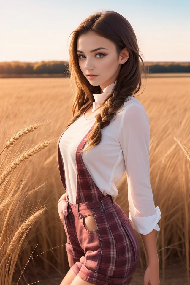 A beautiful woman with long braided hair, wearing a plaid shirt and denim overalls, stands in the middle of a golden wheat field. The sun sets low on the horizon, casting a warm, golden glow over the swaying stalks of wheat. She holds a piece of wheat gently in her hand, looking out across the vast field with a peaceful, thoughtful expression. Her rustic outfit and braided hair add to her connection with the land, blending perfectly with the natural beauty surrounding her. The scene exudes calm and tranquility, with the golden field stretching out endlessly under the expansive sky
preppy_girls  <lora:preppy_girls_sd15_v1_epoch_23:1>