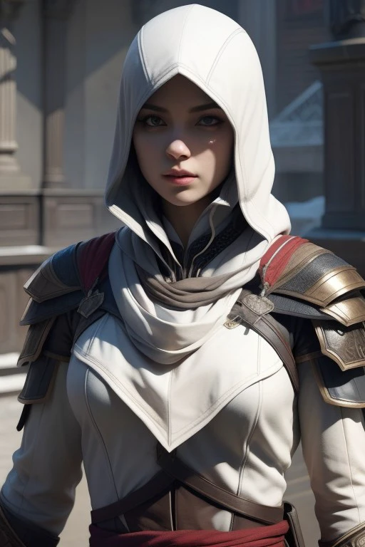 (High quality), (masterpiece), (detailed), 8K, A stunning hyper-realistic illustration showcases a female assassin, her upper body adorned in intricate armor inspired by the Assassin's Creed franchise. The intricate detailing of the leather straps and metal plates creates a captivating texture contrast. Her intense gaze and confident posture exude a sense of power and mystery, leaving a lasting impression. Trending on DeviantArt.