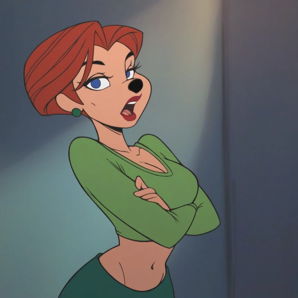 (masterpiece), best quality, expressive eyes, perfect face, score_9, score_8_up, score_7_up, score_6_up, looking at viewer, open mouth, solo, green pants, midriff, green shirt, earrings, redhairedgrl, red lips, <lora:73e081e7-760a-4b61-aa4e-3cb496e056fc:0.9>