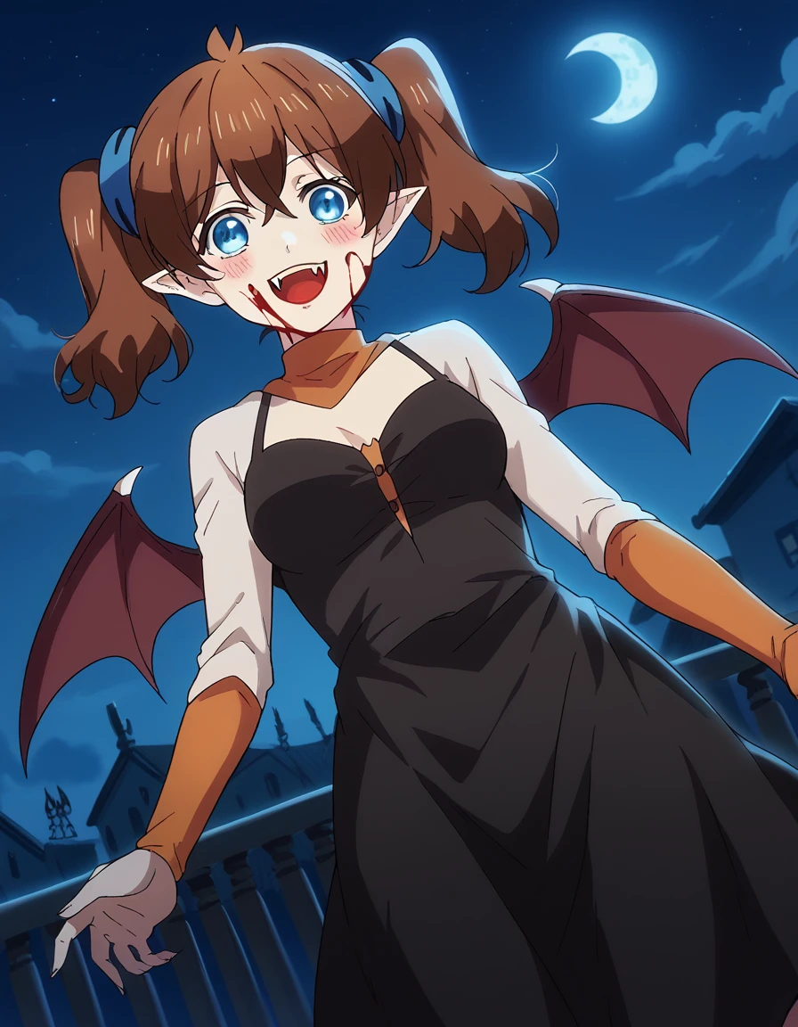 score_9, score_8_up, score_7_up, source_anime, <lora:mahiru-mizuhara-s1-ponyxl-lora-nochekaiser:1>, mahiru mizuhara, brown hair, twintails, blue eyes, medium breasts,, <lora:vampire-ponyxl-lora-nochekaiser:1>, vampire, red eyes, pointy ears, fangs, black dress, wings, blood, blood on face, blood on mouth, bat (animal), halloween, halloween costume, upper teeth only, night, moon, blush, smile, open mouth, , dutch angle, cowboy shot