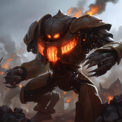 ulky, armored chest with glowing, red-orange lights that suggest a high level of energy or power. The robot's head resembles a helmet with a menacing, hollow-eyed expression, and its arms are massive, with large, claw-like hands that grip the ground.