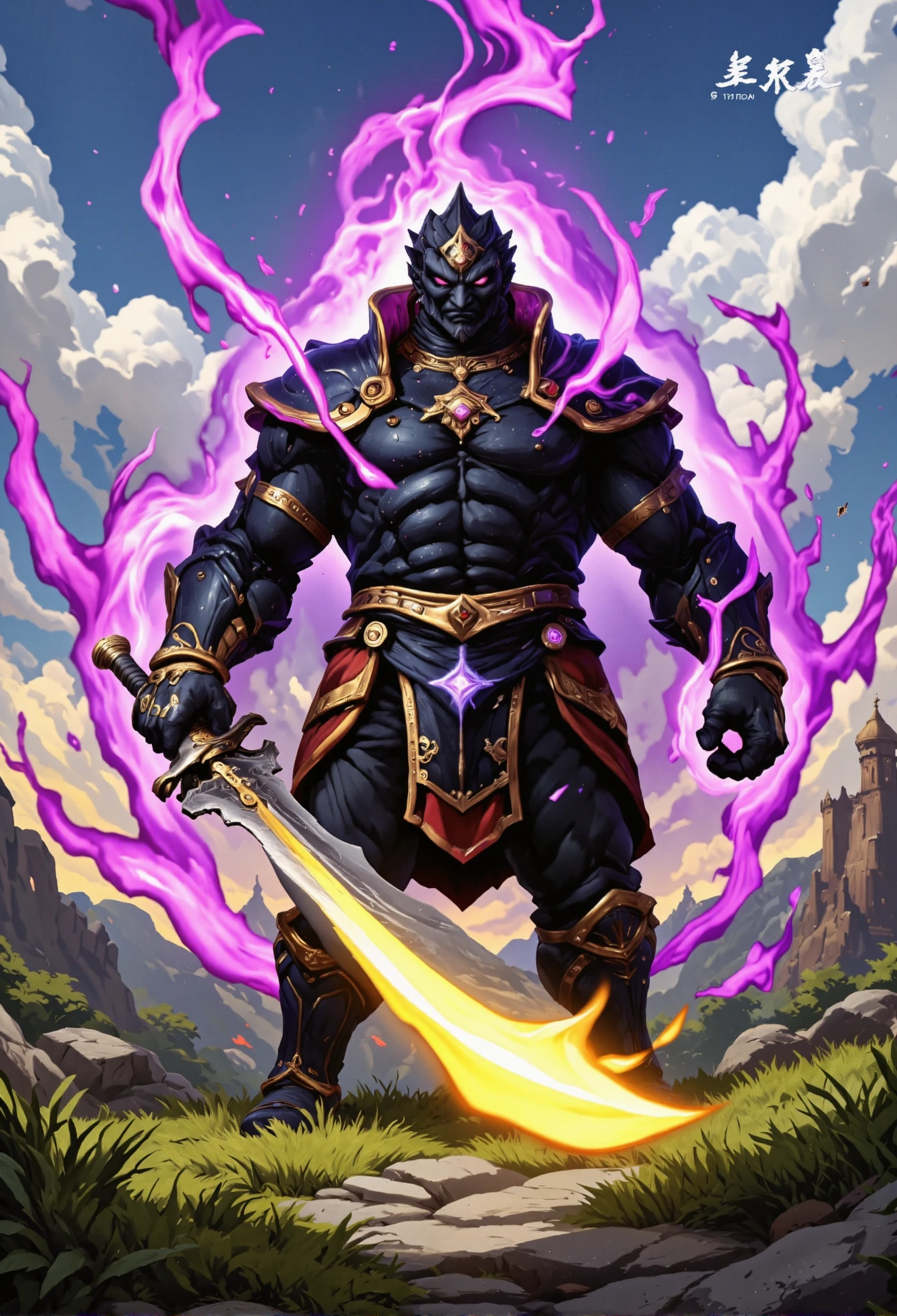 Ganondorf from the Legend of Zelda, detailed anime style, hyrule kingdom grassy field location, purple energy aura, action-fighting pose.holding greatsword 