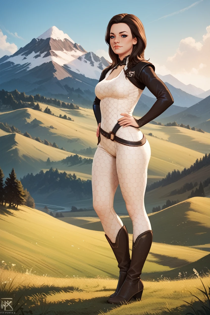 score_9, score_8_up, score_7_up,
<lora:MEMiranda:0.8>
MEMiranda, 1girl, brown hair, blue eyes, looking at viewer, hands on hips, mountains, field, full body