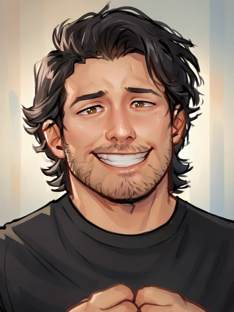 score_9, score_8, portrait of mark_iplier man, bara, smiling, wearing black shirt, black hair, facial hair, brown eyes, (arms folded), <lora:Markiplier_Youtuber:.9>