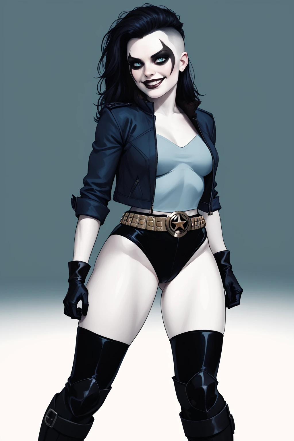 <lora:Crush_PDXL_spamb0t:0.9>,DC_Comics_Crush BREAK (white skin, facepaint:1.3) BREAK black hair, shaved side of head BREAK cropped jacket, belt, gloves
BREAK flirty,playful,sultry,seductive,sexually suggestive,standing with hands on lower back, elbows out BREAK seen from side, extreme closeup BREAK shy giggle, eyes averted bashfully with a sweet smile on the lips
BREAK high quality,film grain,cinematic lighting,volumetric lighting,modeling shoot, abstract background
BREAK (hyper detail,insanely detailed,best quality,masterpiece,photorealistic:0.8)