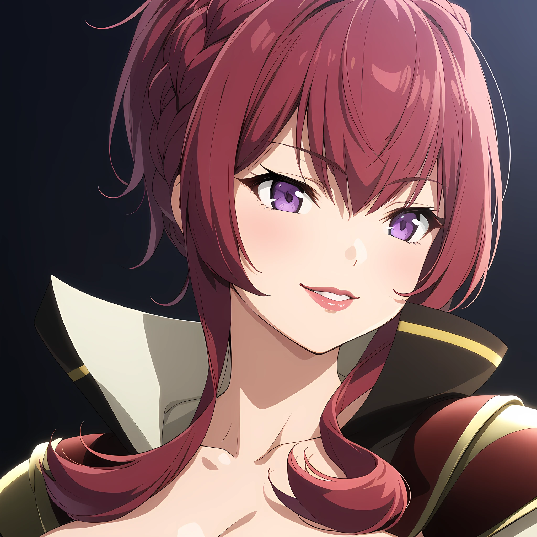 fanis_laminitus, defaultoutfit, 1girl, purple eyes, solo, red hair, smile, long hair, collarbone, bangs, lipstick, braid, hair between eyes, lips, sidelocks, upper body, seductive smile, parted lips, large breasts, <lora:Fanis_Laminitus:1>, (masterpiece),(best quality),(ultra-detailed),(best illustration),(best shadow),(absurdres),(detailed background),(very aesthetic),