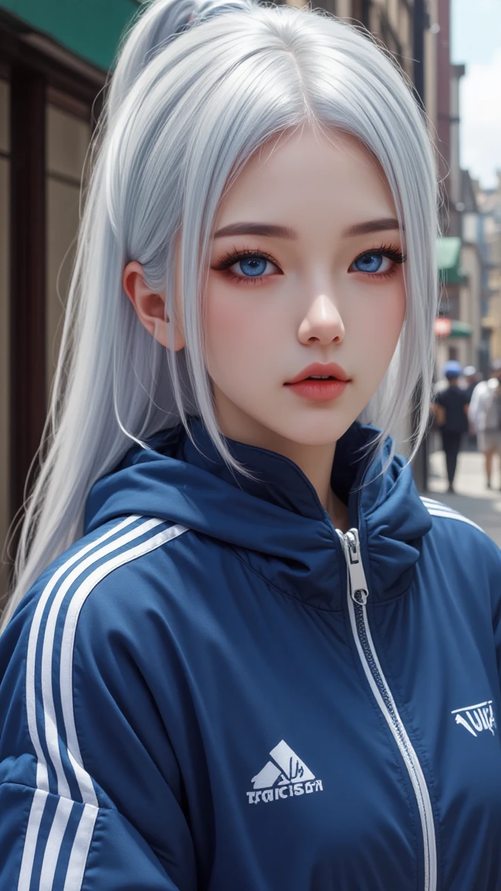 A photorealistic image of a woman,street wear, white hair,blue eyes,zaiji