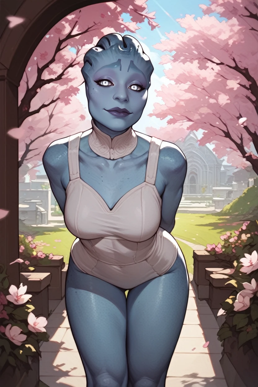 score_9, score_8_up, score_7_up,
<lora:MESamara:0.8>
MESamara, 1girl, blue skin, white eyes, alien, looking at viewer, arms behind back, leaning forward, standing, outdoors, cherry blossoms, smile, garden, church