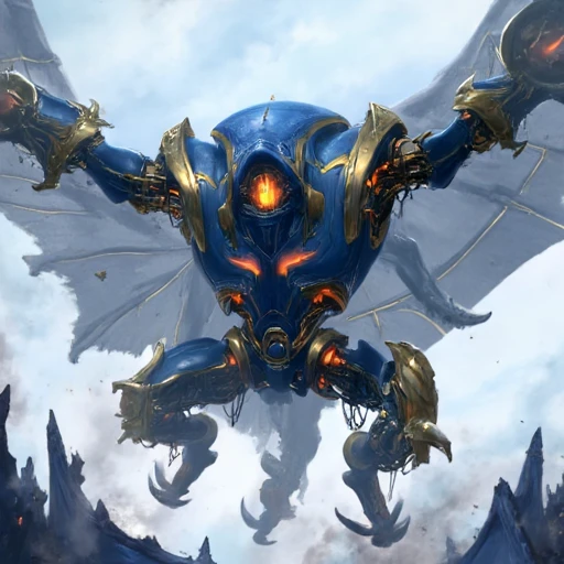 The central focus is a large, imposing mechanical construct  with a sleek, metallic blue body adorned with golden accents. The creature has a humanoid shape with a large, angular head and a set of powerful, clawed arms and neon-orange accents, creating a striking contrast. It appears to be in mid-flight, with the wings slightly angled upward, suggesting movement.