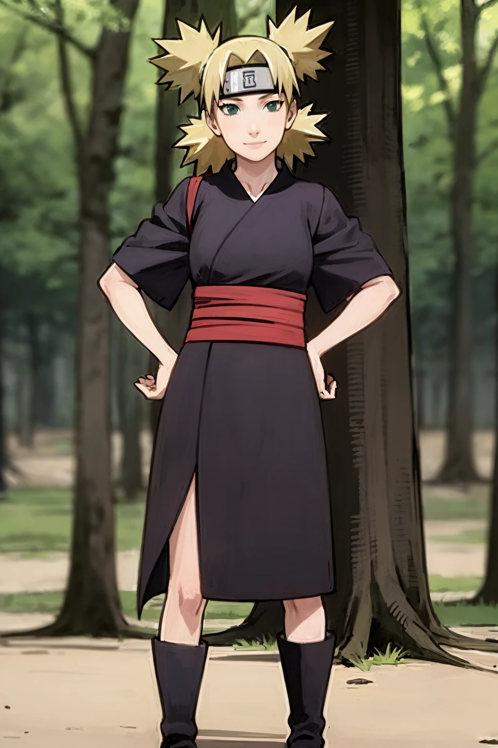 masterpiece, best quality,
1girl, temari, blonde hair,quad tails, dark green eyes,
forehead protector, black kimono, red sash, short sleeves, toeless boots,
hands on hips, standing, solo, smile, looking at viewer, trees, jungle background, <lora:TemariShippuden_byKonan:1>