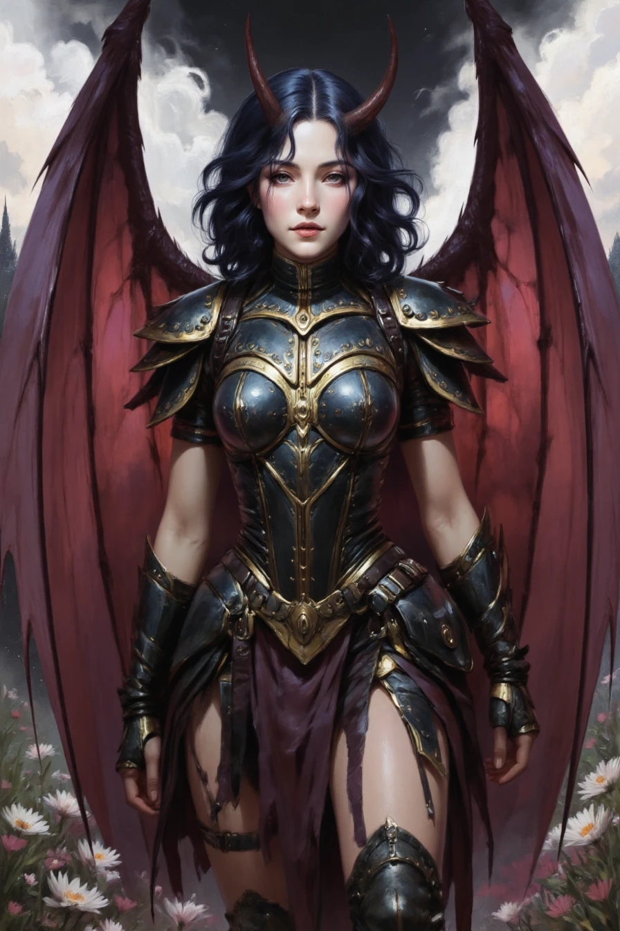 detailed digital painting depicting a fantasy warrior with demonic features. The subject is a female warrior with long, dark hair, sharp, pointed horns on her head, and large, bat-like wings with black membranes and dark red veins. She wears ornate, black and gold armor with intricate designs, including a chest plate, red shoulder guards, and gauntlets. Her armor features a mix of obsidian and metal, with a flowing, dark purple cloak that billows behind her.  ArtifyAI she is in the wild flower meadow with ancient ruins ., Bold, iconic, dynamic, dramatic, complex background, gorgeous, extremely intricate details