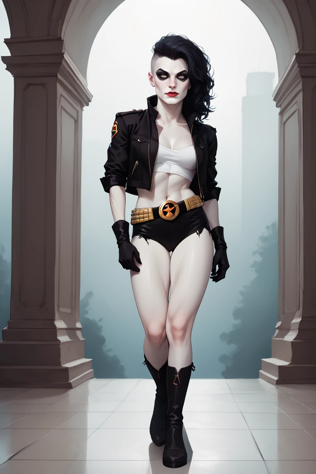 <lora:Crush_PDXL_spamb0t:0.9>,DC_Comics_Crush BREAK (white skin, facepaint:1.3) BREAK black hair, shaved side of head BREAK cropped jacket, belt, gloves
BREAK flirty,playful,sultry,seductive,sexually suggestive,standing with one leg crossed over the other, arms at sides BREAK profile shot, medium shot BREAK seductive gaze with lips slightly parted, head tilted
BREAK high quality,film grain,cinematic lighting,volumetric lighting,modeling shoot, abstract background
BREAK (hyper detail,insanely detailed,best quality,masterpiece,photorealistic:0.8)