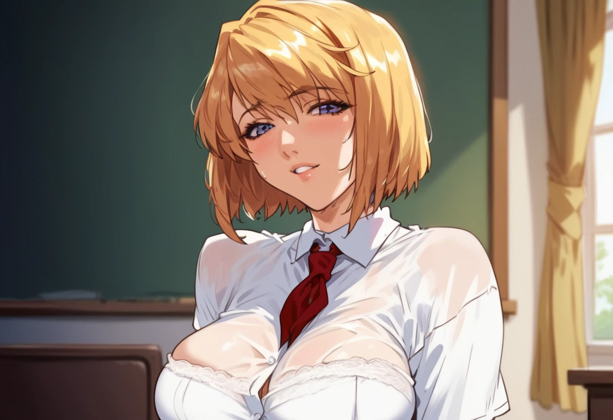 masterpiece, ,(solo:1.1), perfect face, (bright lighting:1.2),beautiful detailed eyes, extremely detailed face, perfect lighting,masterpiece, best quality, ((mature female)), ((large breasts)), 30yo female, 1girl, penis, hetero, 1boy, fellatio, oral, solo focus, pov, red lips, short hair, blonde, provocative, tease, lips, lipstick, red lips, red lipstick, face closeup