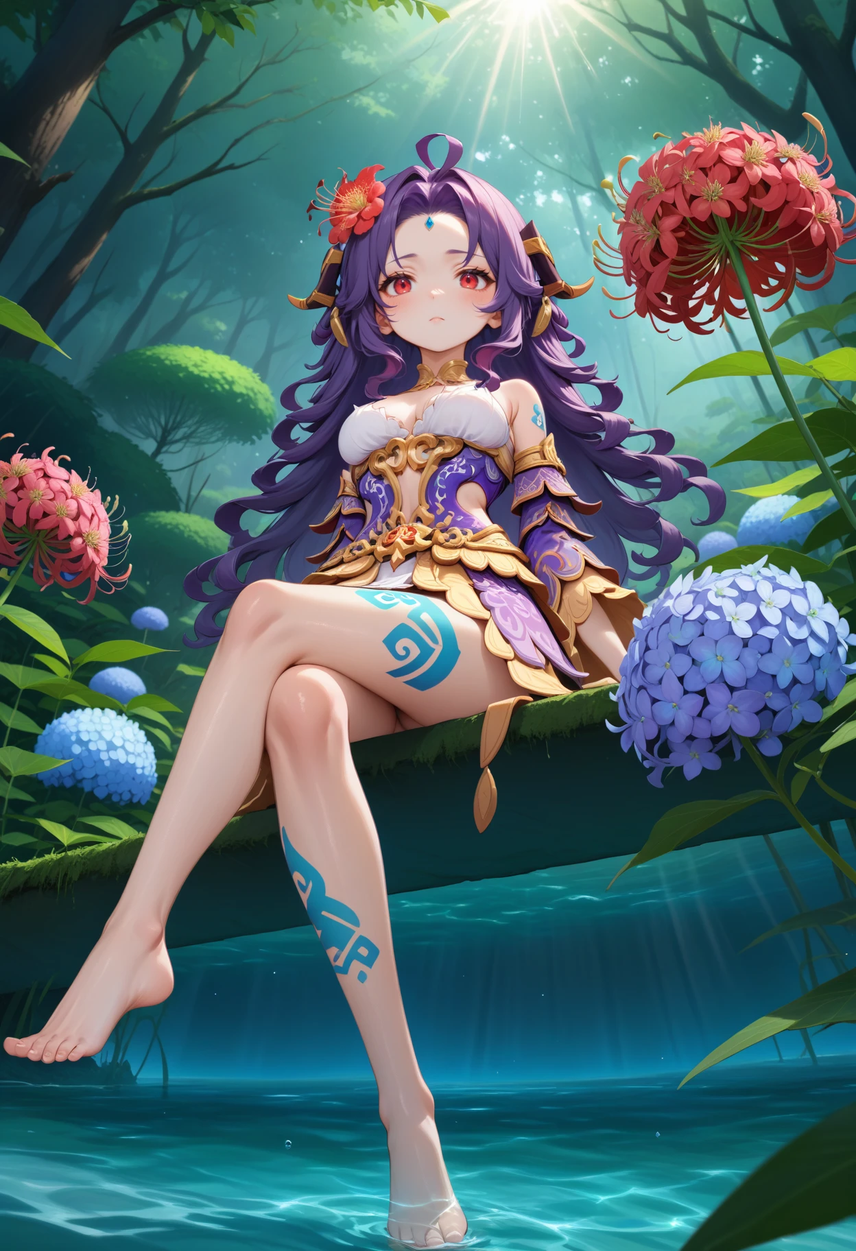 masterpiece, best quality, very aesthetic, absurdres, rom_nidhogg_xl,
1girl, purple hair, flower on head, red eyes, sitting beside a river,
from below, looking at viewer, leg tattoo, barefoot, crossed legs, mystical forest, spider lily, hydrangea, falling petals, light rays, tyndall effect, vivid colors, tranquil and magical atmosphere,
shiny skin, beautiful face, beautiful eyes, extreme detailed, official art, professional illustration, hires,
<lora:rom_nidhogg_pony_xl:1>, <lora:aesthetic_anime_v1s:0.5>, <lora:add_details_xl:0.5>