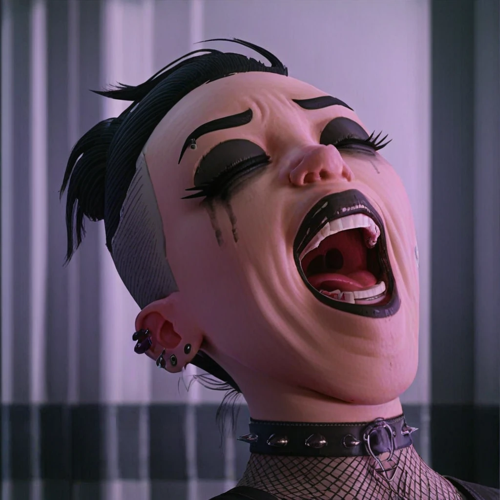 score_9, score_8_up, score_7_up, <lora::JJJlaugh1> 1 girl, goth girl, goth, goth makeup, JJJlaughmeme, laugh, head leaning back, open mouth, closed eyes