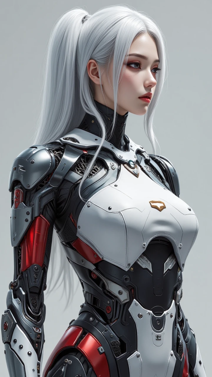 A photorealistic image of a woman,cyborg samurai,mecha body, robotic joints, white hair,zaiji