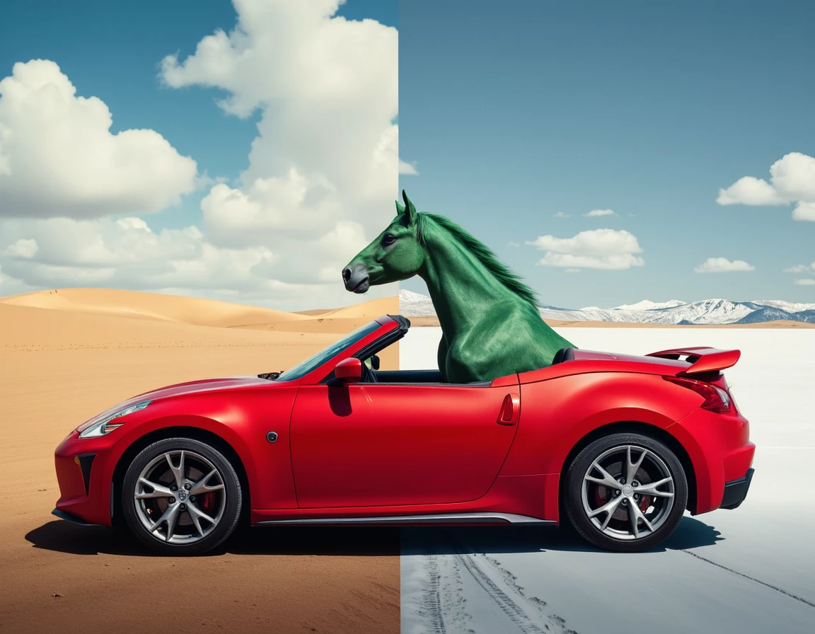 a green horse sitting in a red topless sports car, the landscape is a desert on the left side and a snowy landscape on the right side