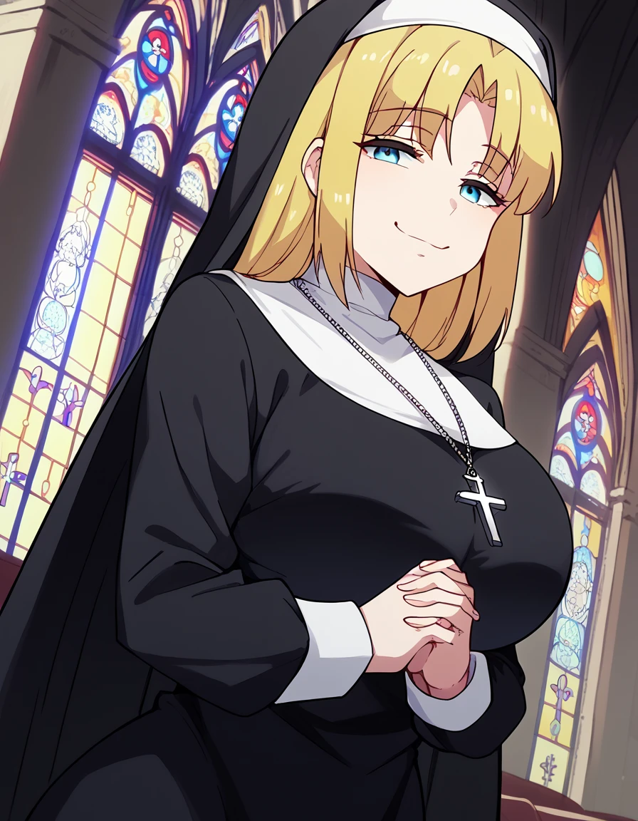 score_9, score_8_up, score_7_up, source_anime, <lora:chloe-mansfield-s1-ponyxl-lora-nochekaiser:1>, chloe mansfield, long hair, bangs, blue eyes, blonde hair, huge breasts,, <lora:traditional-nun-ponyxl-lora-nochekaiser:1>, traditional nun, nun, habit, long sleeves, dress, black dress, jewelry, black veil, cross, cross necklace,, church, smug, praying,, , dutch angle, cowboy shot