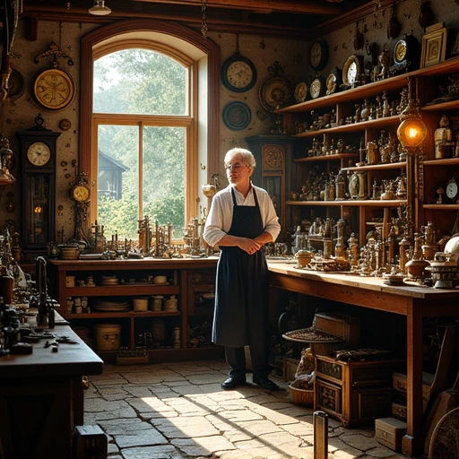 A clockmaker's workshop, work bench, stone floor, clock movements, machinery, shelves, clutter, clockmaker, white hair apron, mu;;ioned window, garden, clockwork