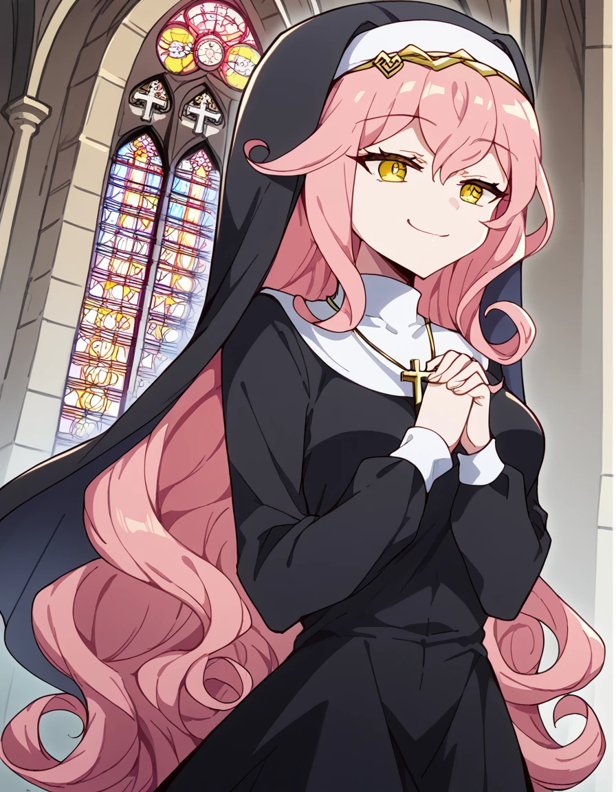 score_9, score_8_up, score_7_up, source_anime, <lora:renaishin-s2-ponyxl-lora-nochekaiser:1>, renaishin, long hair, medium breasts, yellow eyes, pink hair, tiara, sidelocks, curly hair,, <lora:traditional-nun-ponyxl-lora-nochekaiser:1>, traditional nun, nun, habit, long sleeves, dress, black dress, jewelry, black veil, cross, cross necklace,, church, smug, praying,, , dutch angle, cowboy shot