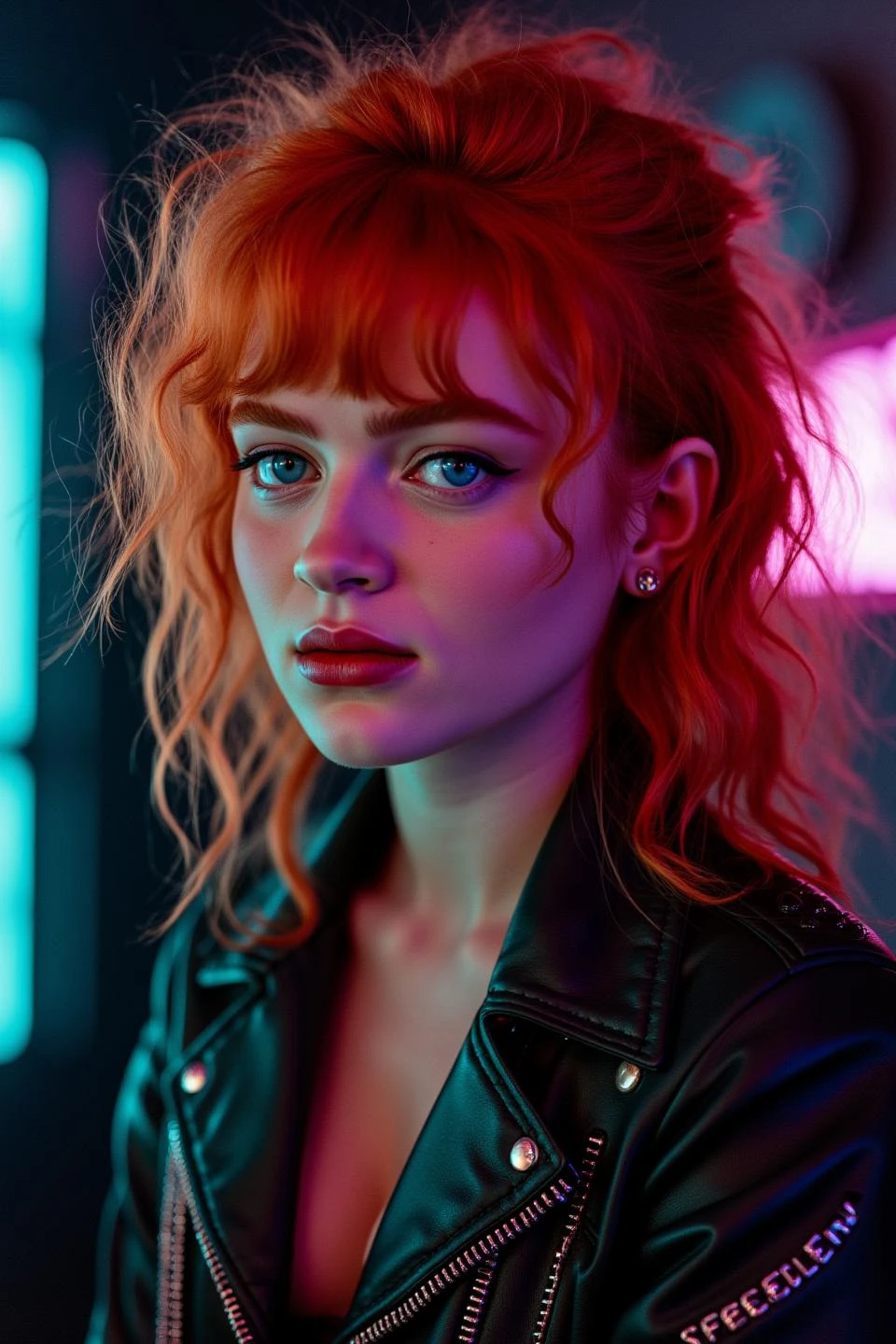 a close up photo a young woman with vibrant ginger hair is the central figure, embodying the spirit of 70s 
punk rock. Her hair is styled in a voluminous, tousled manner, with loose curls framing her face and cascading over her shoulders. The color of her hair is a vivid, fiery red, enhanced by the duotone neon effect, making it stand out dramatically. She has striking blue eyes that are accentuated by the cinematic lighting, creating a captivating contrast with her hair. Her gaze is direct and intense, drawing the viewer in with a sense of raw emotion. Her makeup is subtle yet effective, with a focus on enhancing her natural features and adding a touch of edginess. She is dressed in a black leather jacket, adorned with silver chains and studs, which adds an edgy and rebellious touch to her overall look. The jacket is fitted, highlighting her figure and contributing to the punk aesthetic. Her earrings are simple yet elegant, complementing her overall style. The background is dark and out of focus, ensuring that the woman remains the sole focus of the image. The lighting is dramatic, with harsh shadows and bright highlights that accentuate her features and create a sense of depth. The duotone neon effect adds a modern, futuristic twist to the vintage punk style, making the image highly detailed and visually striking. Overall, the image captures a moment of intense emotion and style, with the woman's bold hair, striking eyes, and edgy fashion creating a powerful and memorable visual impact. The cinematic lighting and highly detailed elements make it suitable for a fashion magazine cover, trending on platforms like ArtStation, and admired for its realism and beauty.