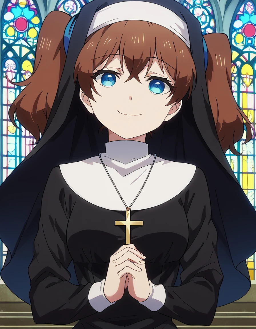 score_9, score_8_up, score_7_up, source_anime, <lora:mahiru-mizuhara-s1-ponyxl-lora-nochekaiser:1>, mahiru mizuhara, brown hair, twintails, blue eyes, medium breasts,, <lora:traditional-nun-ponyxl-lora-nochekaiser:1>, traditional nun, nun, habit, long sleeves, dress, black dress, jewelry, black veil, cross, cross necklace,, church, smug, praying,, , dutch angle, cowboy shot