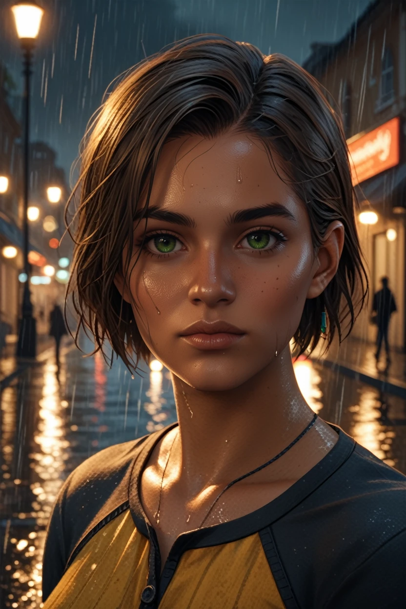 score_9, score_8_up, score_7_up,
<lora:FC6Dani:0.8>
FC6Dani, 1girl, brown hair, green eyes, short hair, looking at viewer, standing under a streetlamp in the rain, reflections on wet pavement, city lights blurred in the background, cinematic and dramatic feel