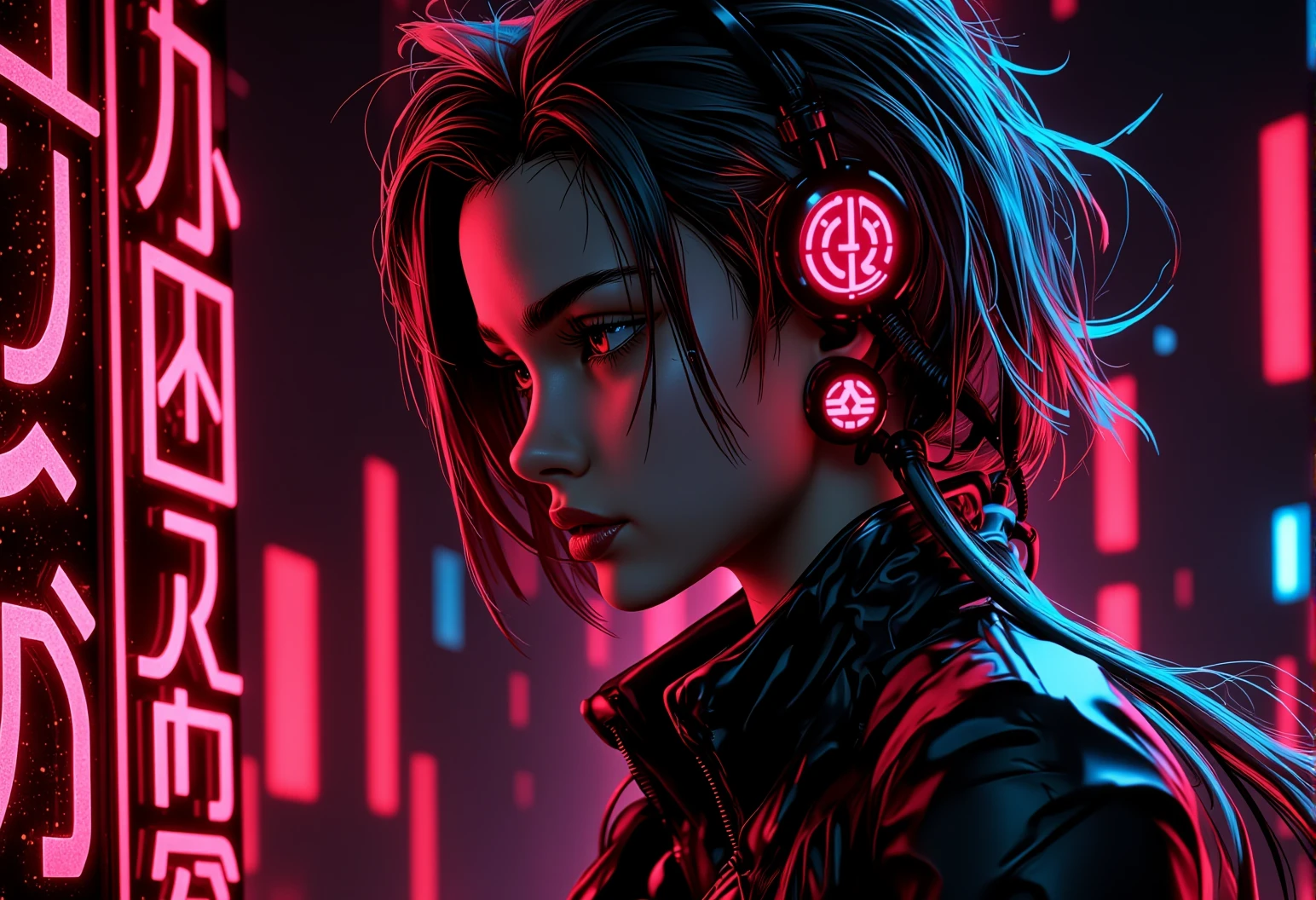 In the style of surrealism, a stunning young woman, with the text "Awaken" in cyberpunk font. , <lora:bv-neoartsty.safetensors:1.0:1.0>