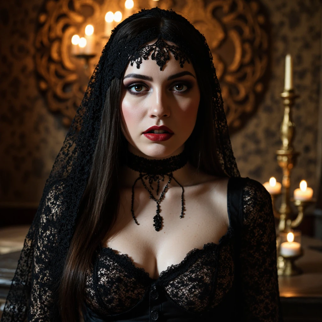 full body dark fantasy art rococo young evil witch, black pinned up hair, black eyes, black lipstick lips, high arched eyebrows, long eyelashes, black low cut lace silk dress, evil defiant gaze, raised eyebrows, in a huge scary rococo castle ultra realistic texture dramatic photorealist