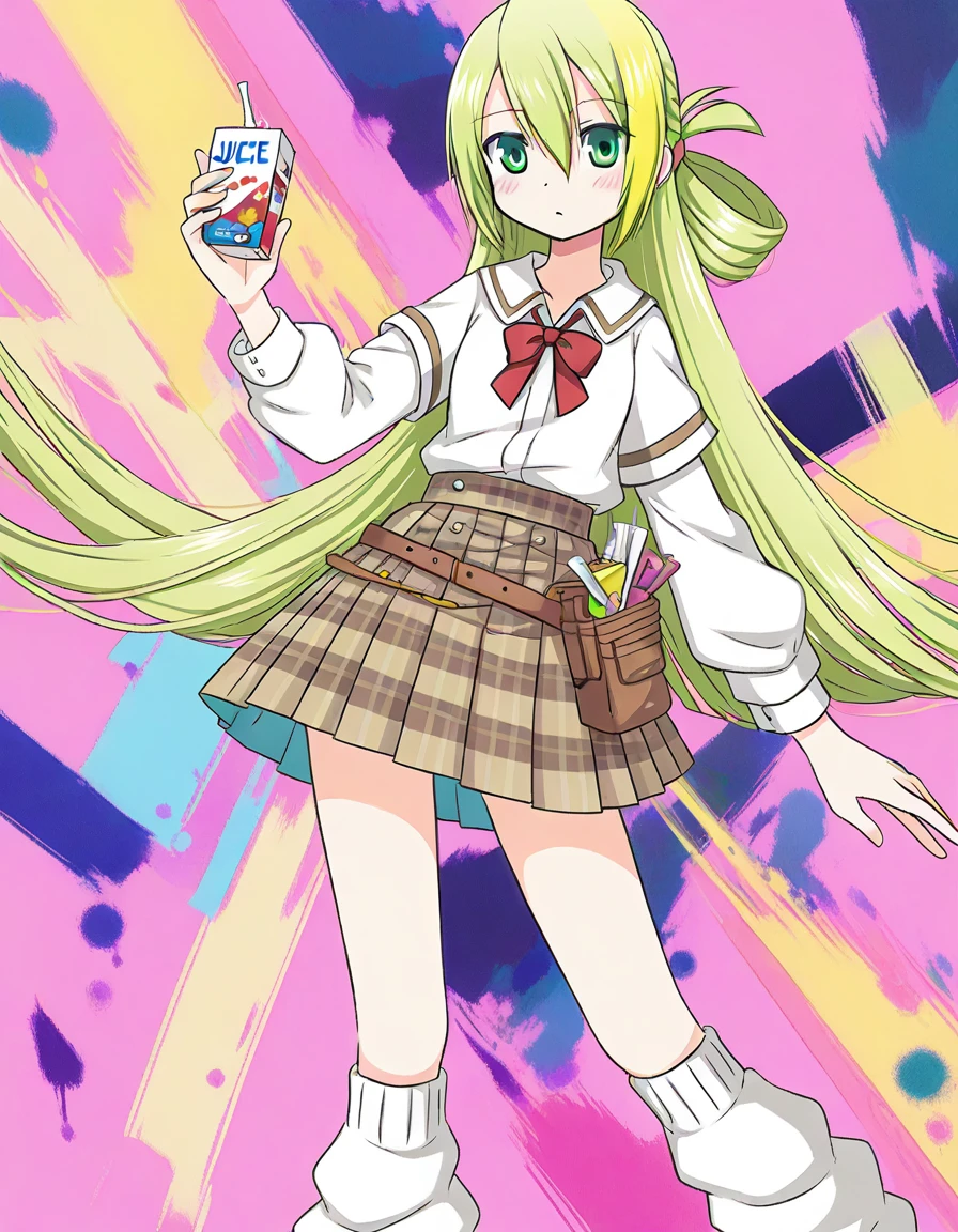 alina gray, school uniform, single hair ring, long hair, layered sleeve, white long sleeves, tool belt, loose socks, solo, juice box, abstract, pink background, dutch angle, <lora:20241017071717_alina_gray_animagine-xl-3.1:0.7>