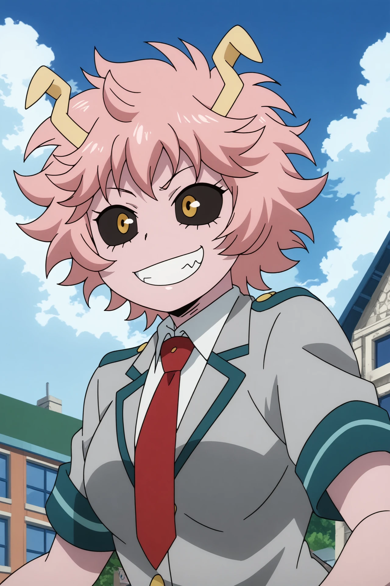 mina ashido,1girl,solo,breasts,medium breasts,pink skin,horns,colored skin,clenched teeth,teeth,short hair,colored sclera,black sclera,u.a. school uniform,school uniform,red necktie,necktie,smile,grey jacket,long sleeves