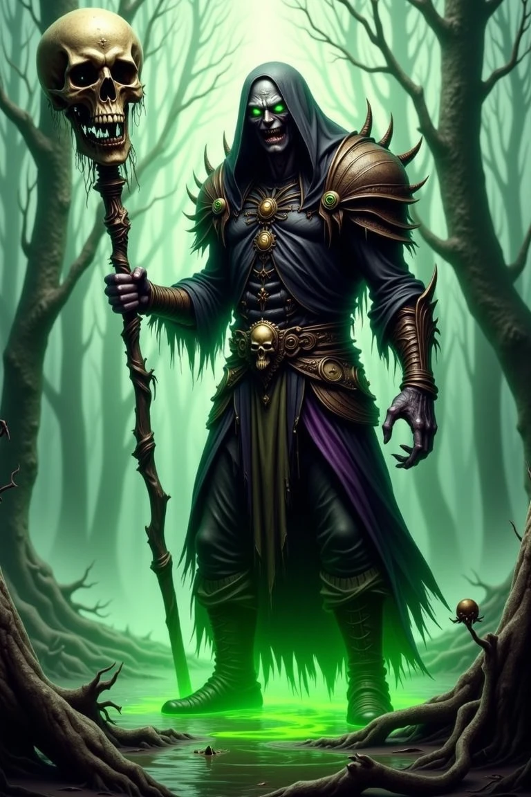 style warcraft undead, style wu, cinematic, dramatic lighting,  full body shot,  an undead forsaken  decaying zombie  male warlock, he has a green death magic effect on his body and eyes, wielding a skull demonic staff, cloth armor boots, , shadow play lighting, evil grin, colors: green , purple and brown, foggy effect on ground, he is in swamp, detailed, ultra realistic, ultra detailed colors, 8k,    <lora:chibi-witches:1> <lora:warcraft-undead-style:1>