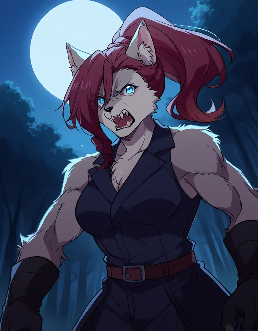 score_9, score_8_up, score_7_up, source_anime, <lora:akane-ryuuzouji-s1-ponyxl-lora-nochekaiser:1>, akane ryuuzouji, long hair, blue eyes, ponytail, red hair, large breasts,, <lora:werewolf-ponyxl-lora-nochekaiser:1>, werewolf, furry, fangs, animal ears, gloves, angry, teeth, animal ear fluff,, forest, night, moon, open mouth, , dutch angle, cowboy shot