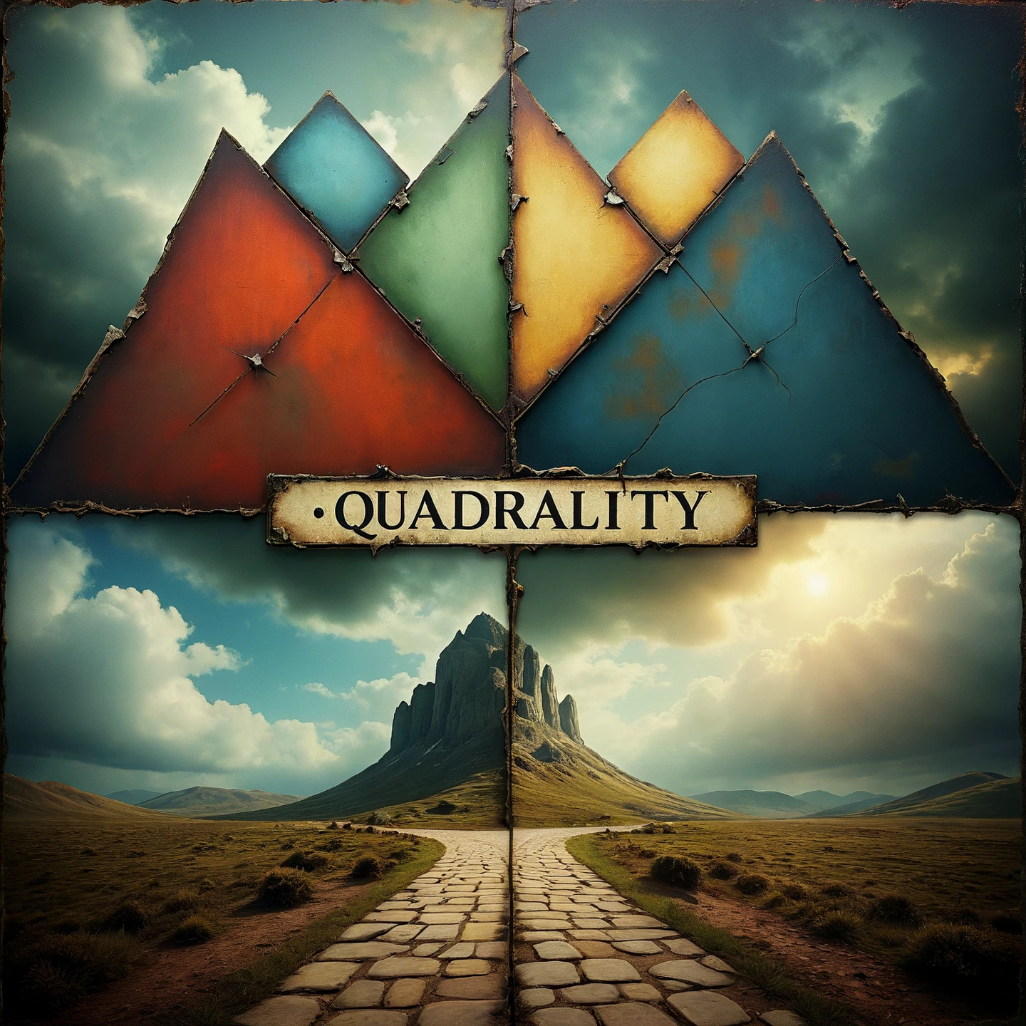 4 quadrants. Divided. Sign. (Text: "Quadrality".

Fantasy style. 

<lora:Quadrality01_CE_SDXL_64x32x180x2bOT:0.6> qdrltyCE style
