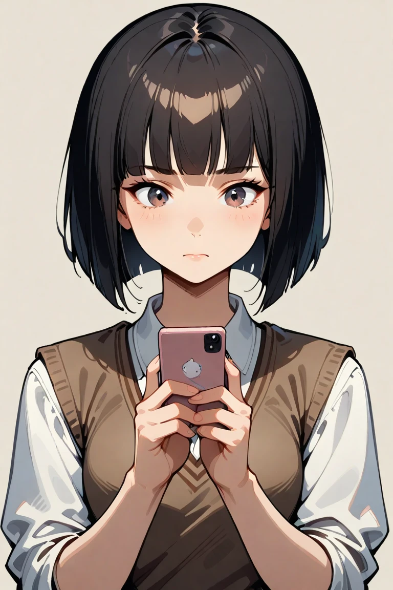 masterpiece, Best Quality 1 Girl, short hair, looking at the audience, Solitary, Brown eyes, shirt , !, brown hair, white shirt, Bangs, Upper Body, Smile, Black Hair, shadow , Holding a book,Cover your mouth,Raise your eyes,Panoramic light,Solid color background