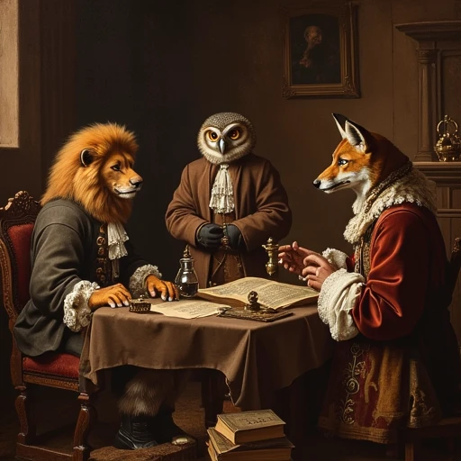 A group of 17th-century philosophers having a serious debate with talking animals, including a regal lion in a powdered wig, a scholarly owl with tiny spectacles, and a fox dressed in a luxurious velvet robe. The grand, wood-paneled study is filled with ancient scrolls and bizarre alchemical devices that emit soft glows.