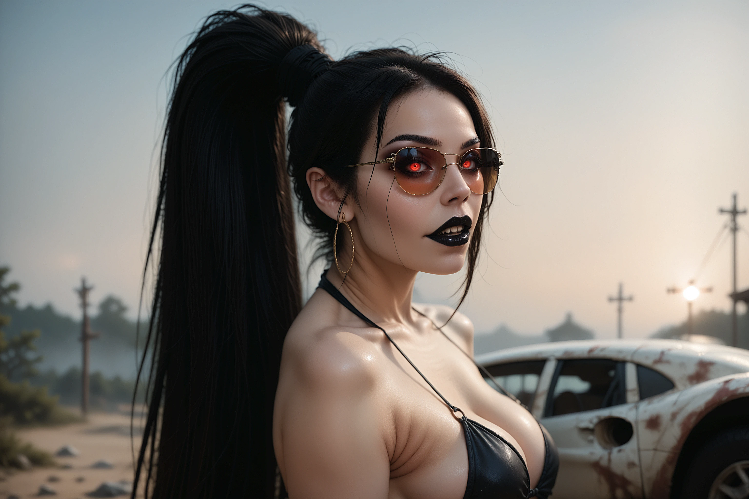 m0r4n4, score_9, score_8_up, score_7_up, 1girl, from side, bent back, biohazard, toxic wasteland, bikini, high leg, sunglasses, <lora:m0r4n4:1.0>