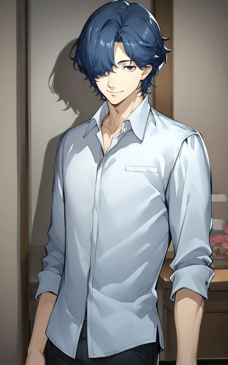 score_9,score_8_up,score_7_up,source_anime,,1boy,solo,masaki_ashiya,male focus,deep blue hair,hair over one eye,standing,smile,shirt,<lora:Masaki_Ashiya:0.9>