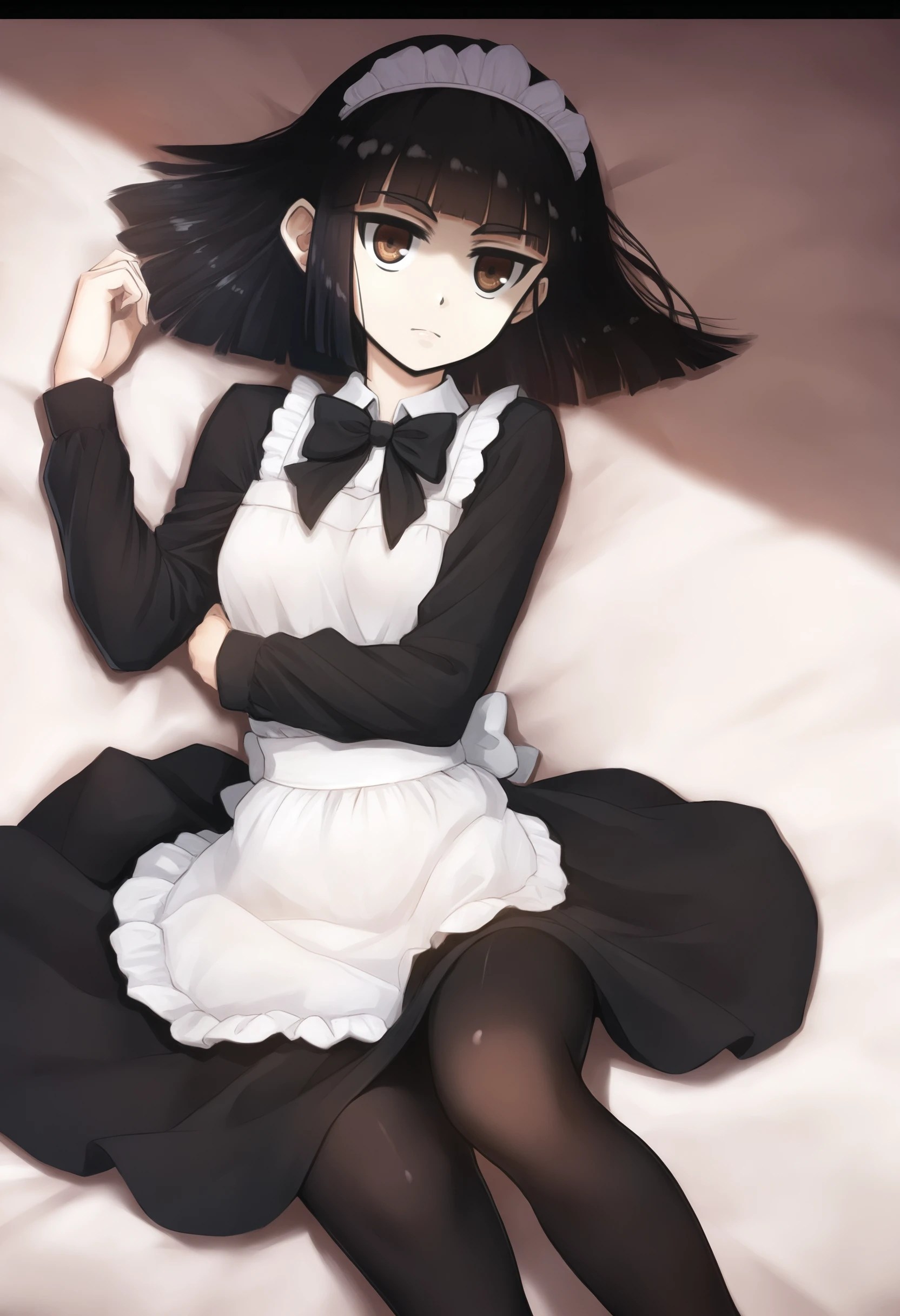 masterpiece, best quality, 1girl, solo,  Abbey, black hair, bob cut, blunt bangs, brown eyes, maid headdress,  white apron, black dress, black bowtie , black sleeves, black pantyhose, on back, bed,    <lora:Abbey IXL 4-000013:1>